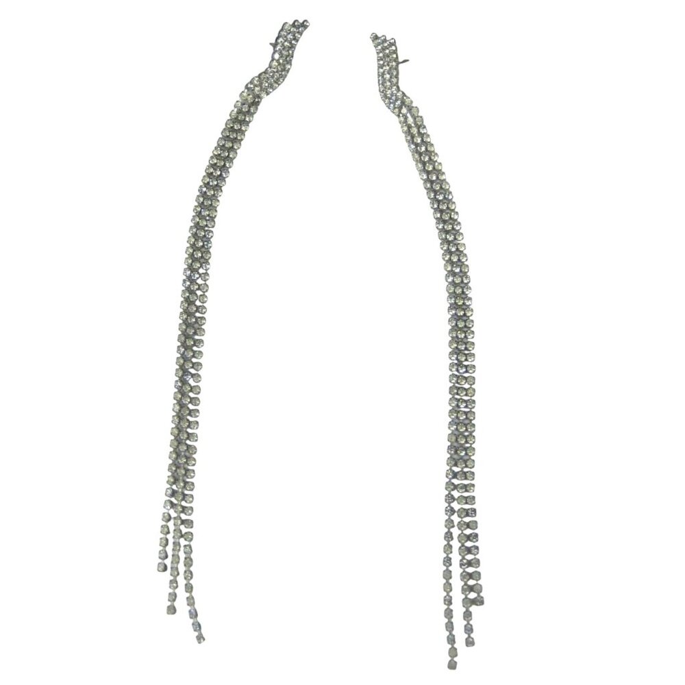 Long Silver Tone Rhinestone Dangle Earrings 8 Inch Drop Statement Sparkle Party